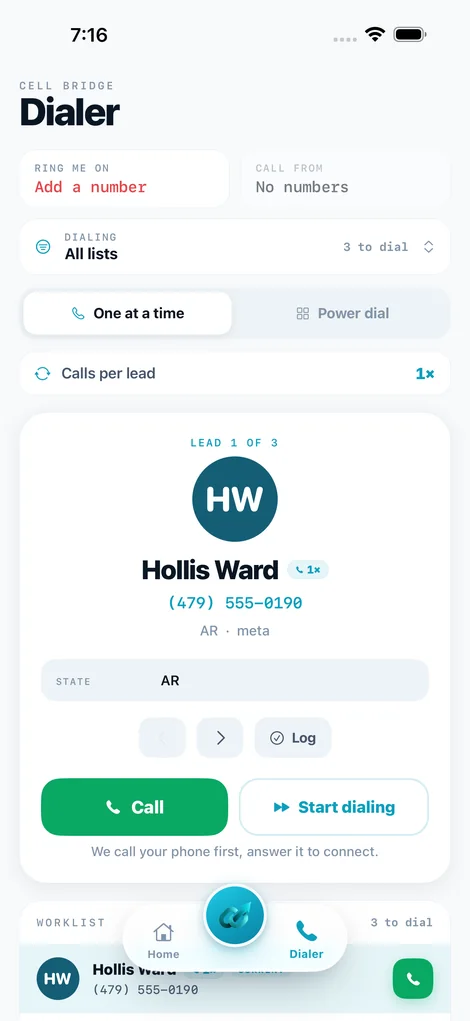 LeadBind power dialer, real app screen